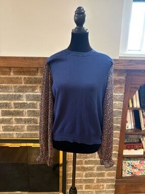 J. Crew Navy Crewneck Sweater with Multicolor Floral Sleeves